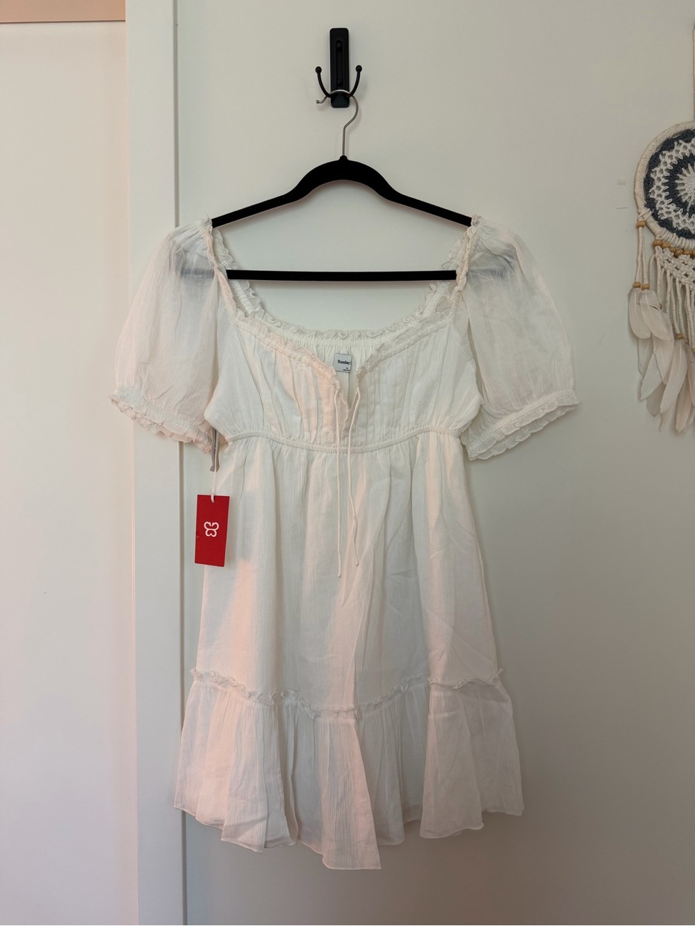 Sunday Best White Peasant Dress with Puff Sleeves